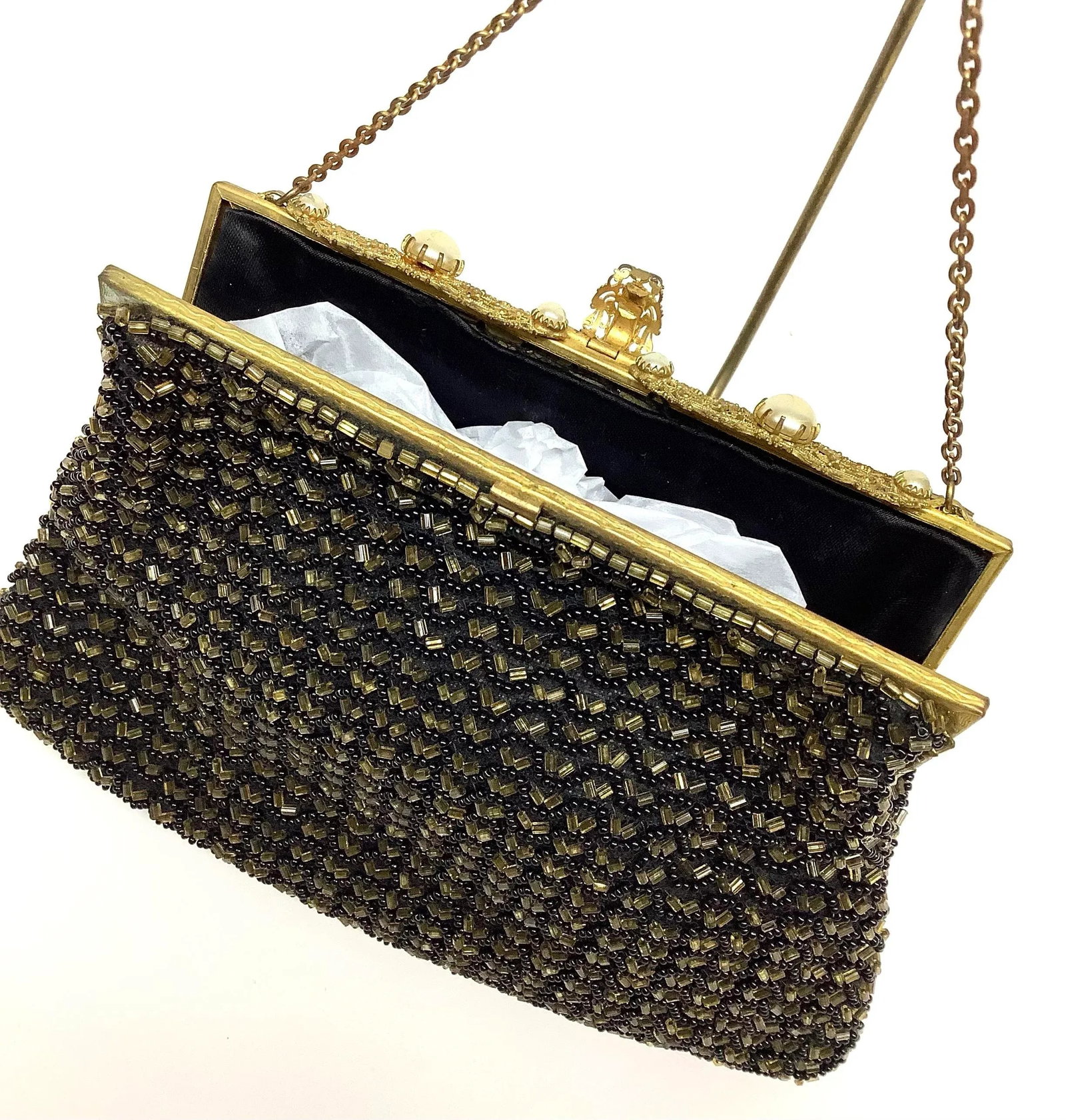 Small French Black & Gold Beaded Evening Purse - 6