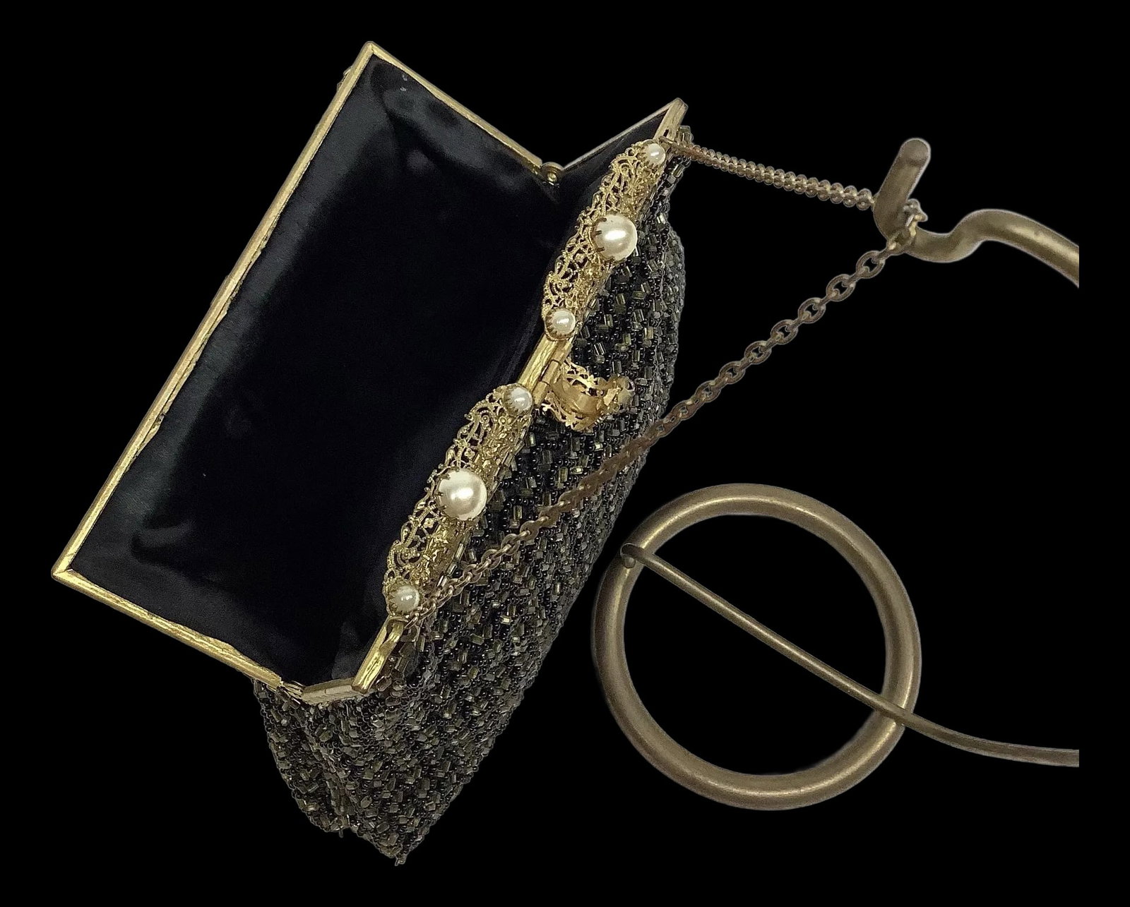 Small French Black & Gold Beaded Evening Purse - 8