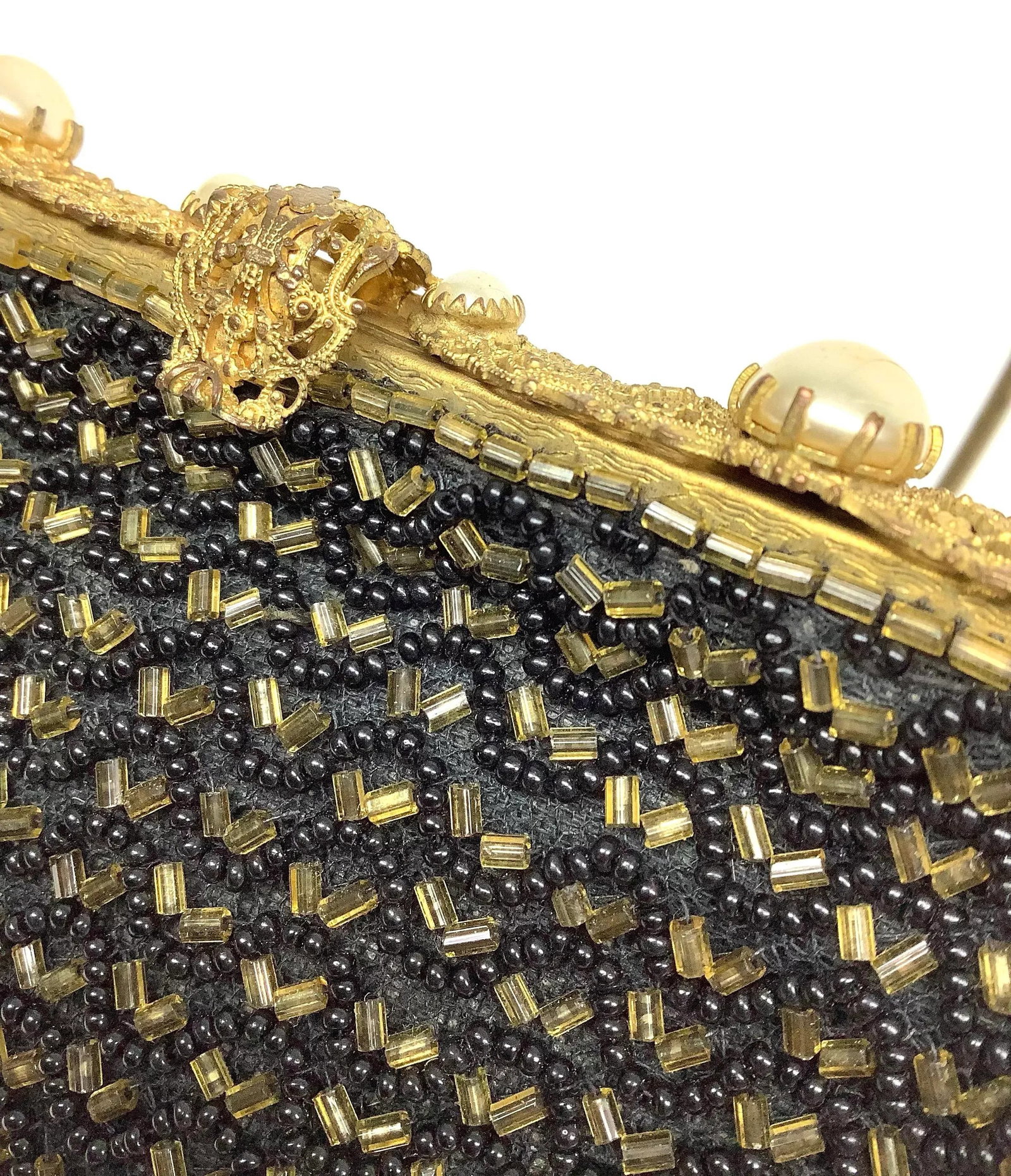 Small French Black & Gold Beaded Evening Purse - 9