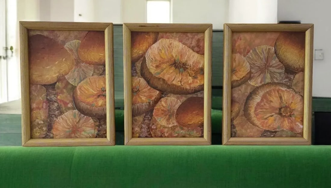 Signed Original Artwork Mushroom Toadstools Giltwood Framed Triptych - 2