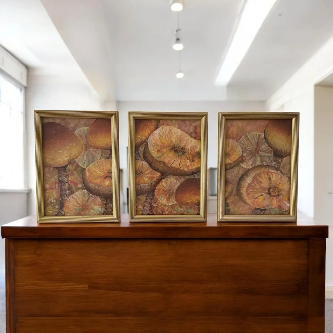 Signed Original Artwork Mushroom Toadstools Giltwood Framed Triptych - 5