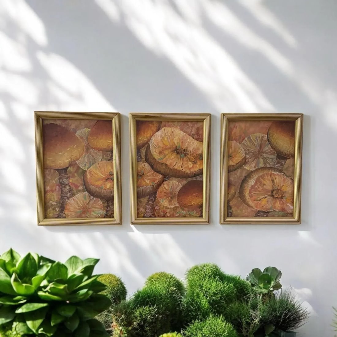 Signed Original Artwork Mushroom Toadstools Giltwood Framed Triptych - 9