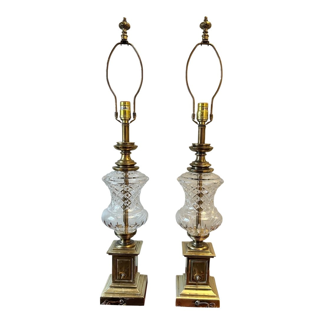 Pair of Large Mid-Century Stiffel Brass and Cut Crystal Column Table Lamps: Pair of Large Mid-Century Stiffel Brass and Cut Crystal Column Table Lamps Enhance your interior with this striking pair of large Mid-Century Stiffel table lamps, celebrated for their timeless eleganc