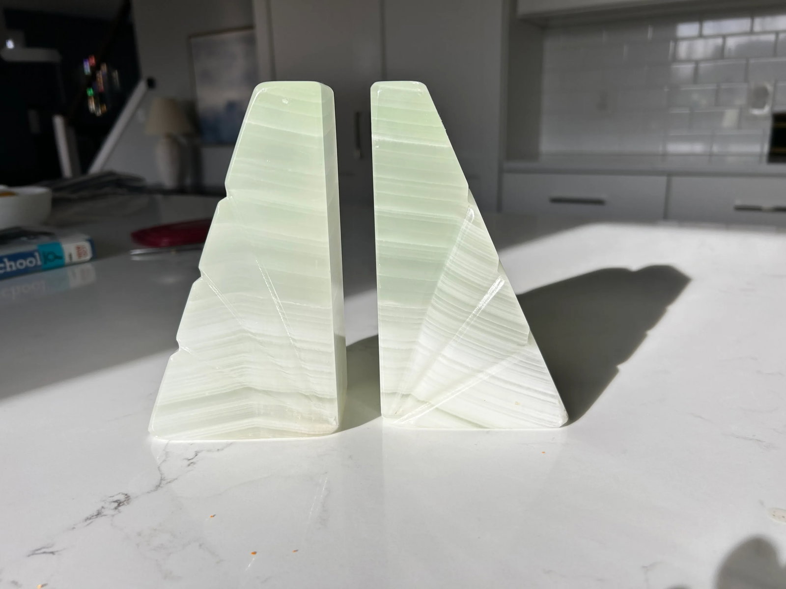 Mid-Century Onyx Marble Bookends Light Green & White With Etched Sunburst Detail- a Pair - 2