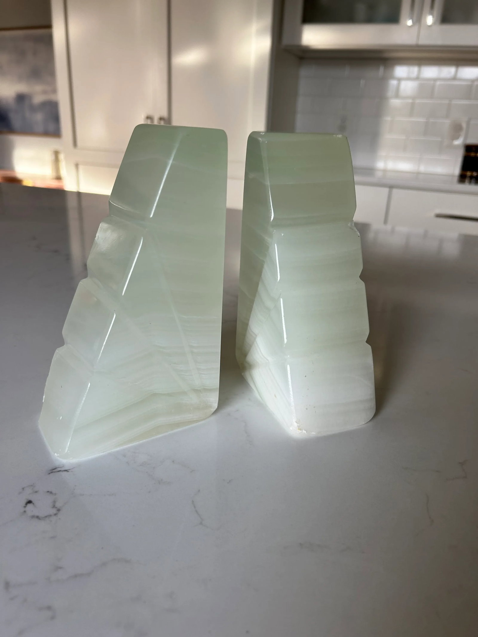 Mid-Century Onyx Marble Bookends Light Green & White With Etched Sunburst Detail- a Pair - 3