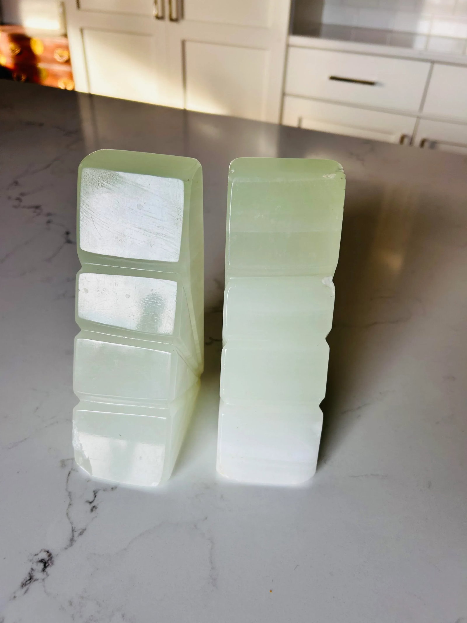 Mid-Century Onyx Marble Bookends Light Green & White With Etched Sunburst Detail- a Pair - 4