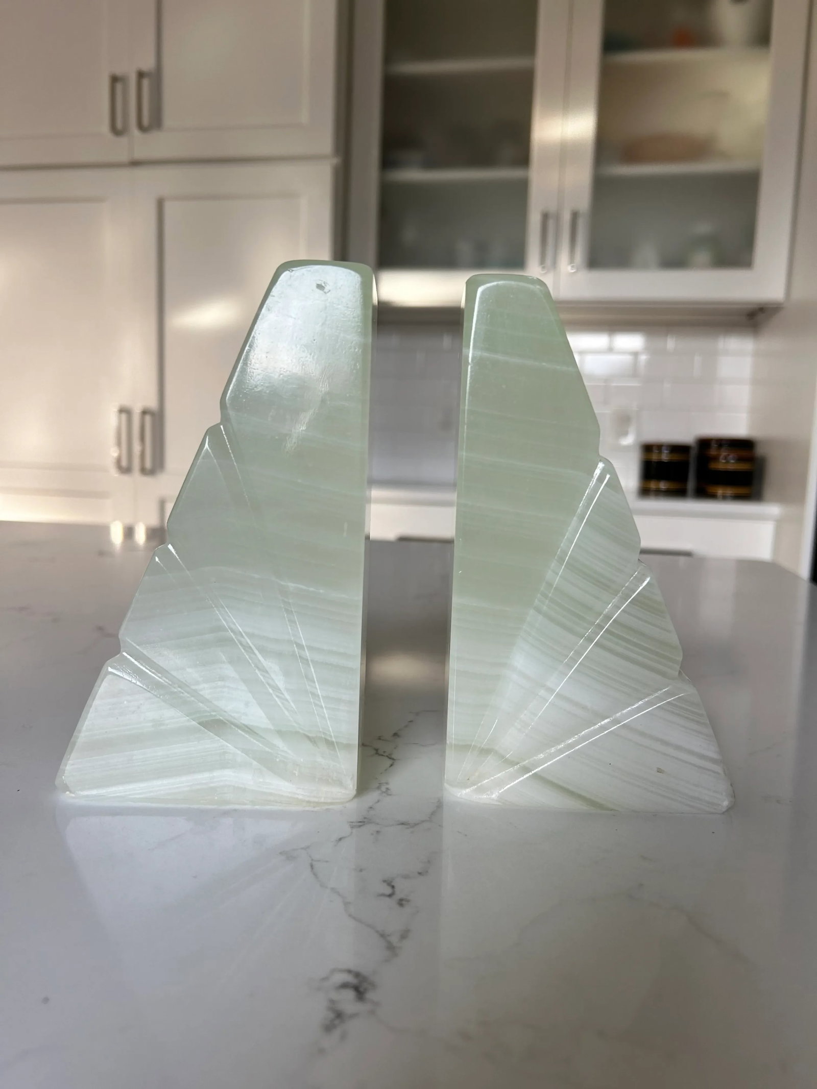 Mid-Century Onyx Marble Bookends Light Green & White With Etched Sunburst Detail- a Pair - 5
