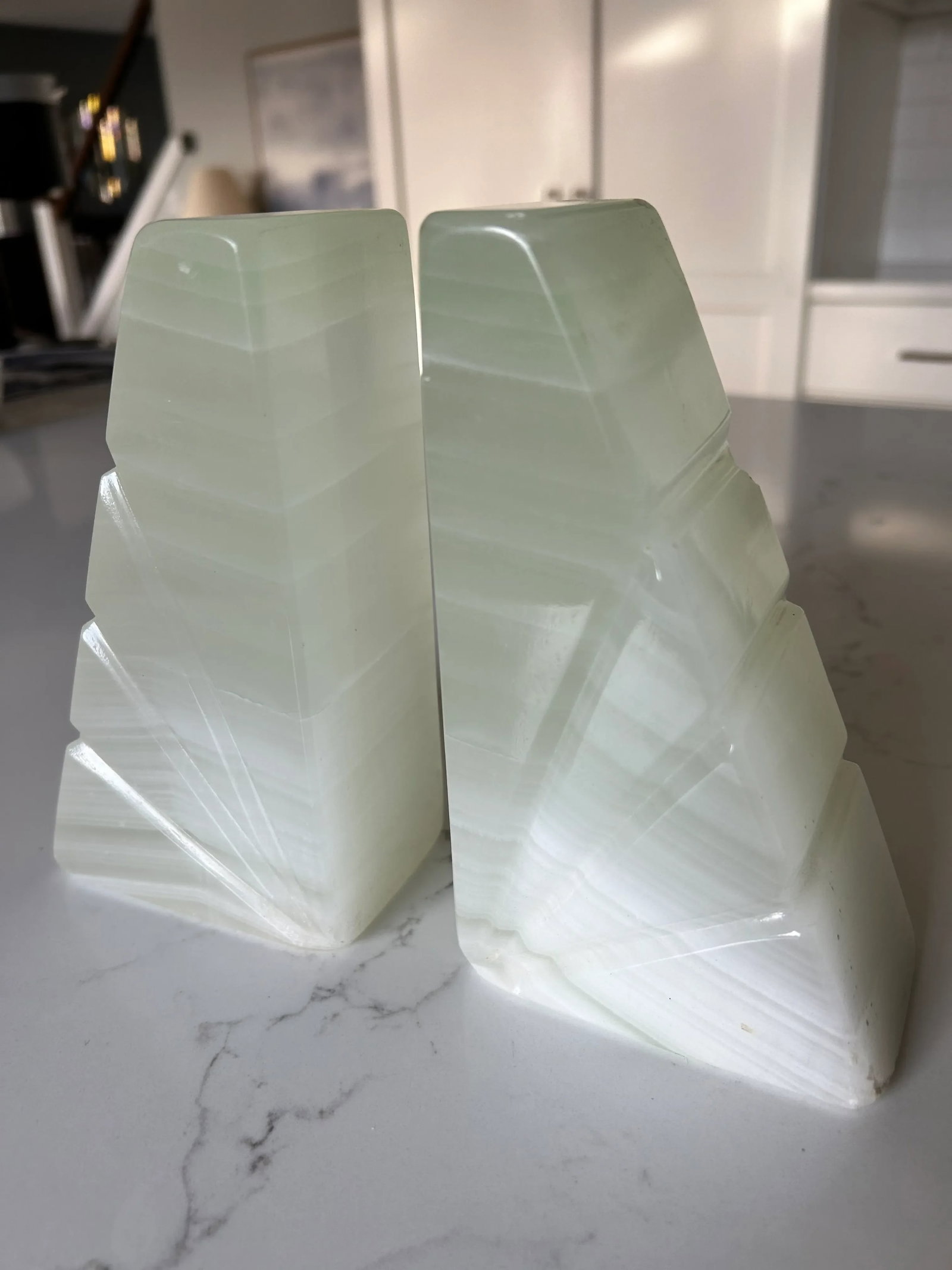 Mid-Century Onyx Marble Bookends Light Green & White With Etched Sunburst Detail- a Pair - 7
