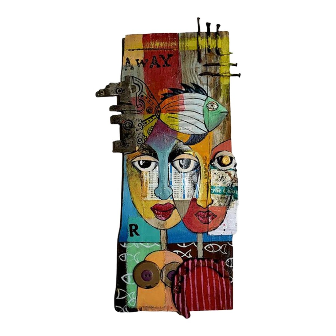Funky Folk Art Painting on Raw Wood -: Funky art piece boasting bold and vibrant colors which immediately captures the viewer's attention with its dynamic geometric shapes. Painted on a piece of raw wood with 3-D element, it features a
