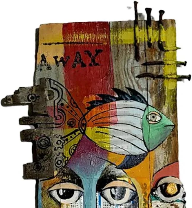 Funky Folk Art Painting on Raw Wood - - 2