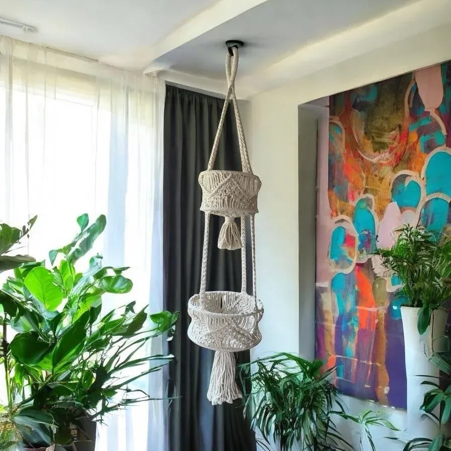 Handwoven Cotton Macrame Tiered Plant Hanger - 5