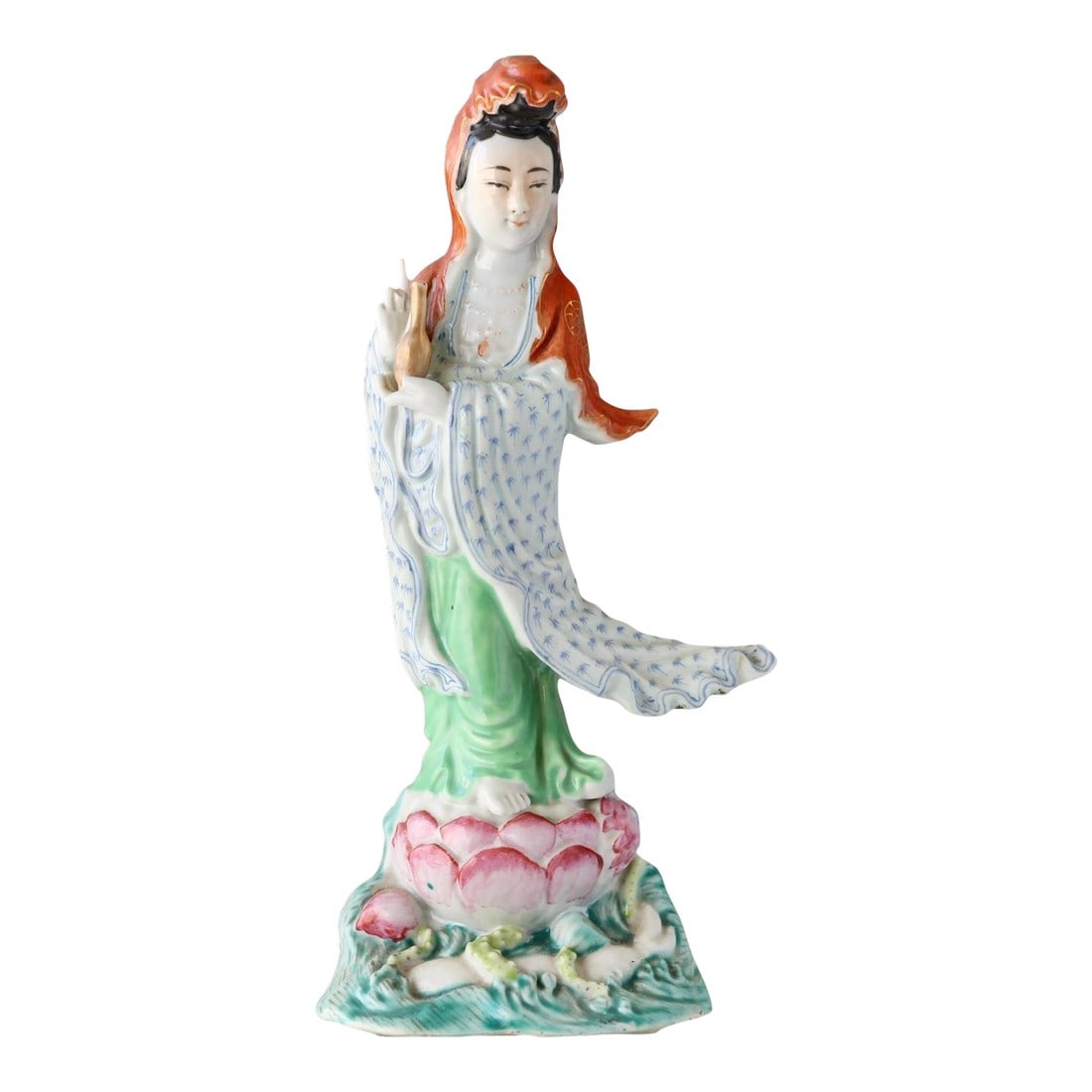 Chinese Porcelain Figurine of Guanyin: Elegant mid-century Chinese porcelain figure of Guanyin, the Goddess of Mercy, rendered in the famille rose palette. She stands on a lotus base above swirling waves, holding a sacred vase and dressed