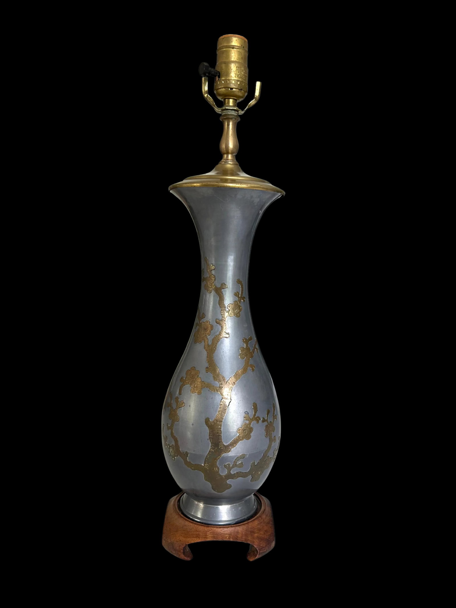 Vintage Mid-Century Pewter and Brass Table Lamp - Floral Accents - 2