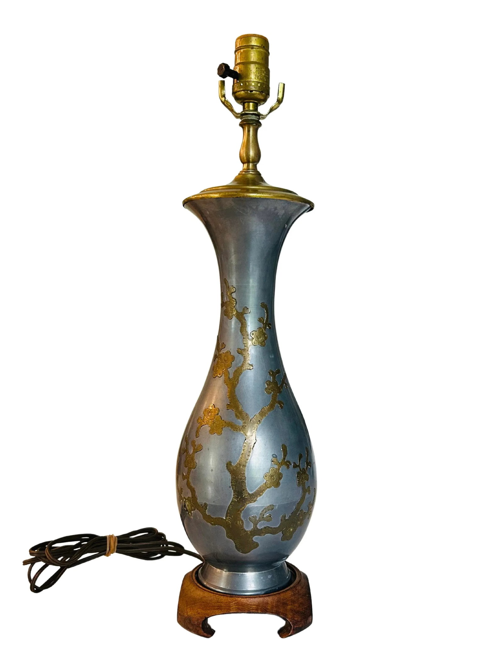 Vintage Mid-Century Pewter and Brass Table Lamp - Floral Accents - 4