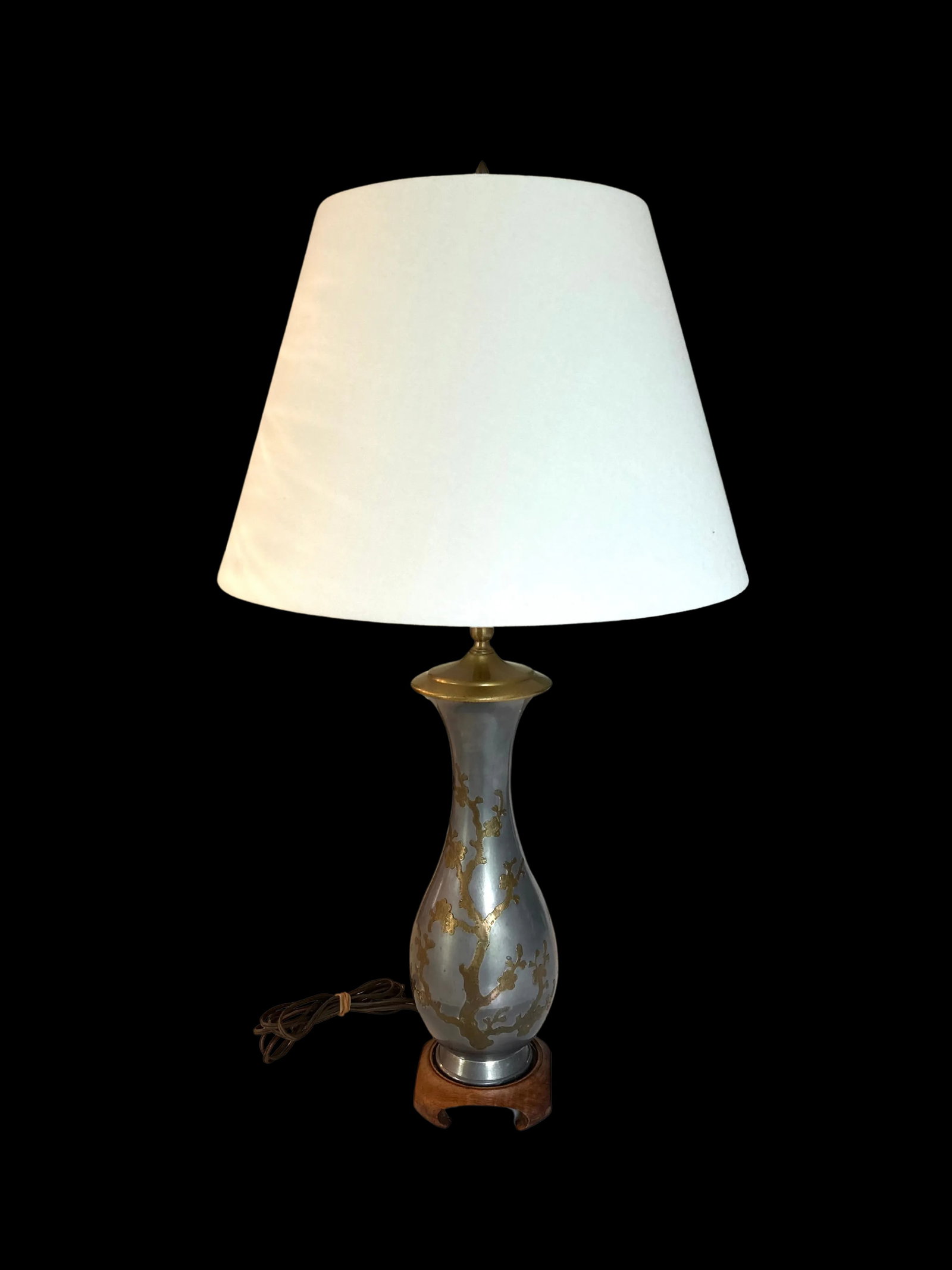 Vintage Mid-Century Pewter and Brass Table Lamp - Floral Accents - 9