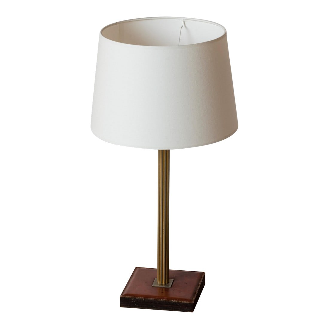 Brass and Leather Table Lamp by Delvaux, Belgium 1960s: Elegant thick leather base with fluted stem by Delvaux Belgium. Signature under base. Condition: Alterations: Original Condition Unaltered Imperfections: Some Imperfections Condition Notes: Wear consi