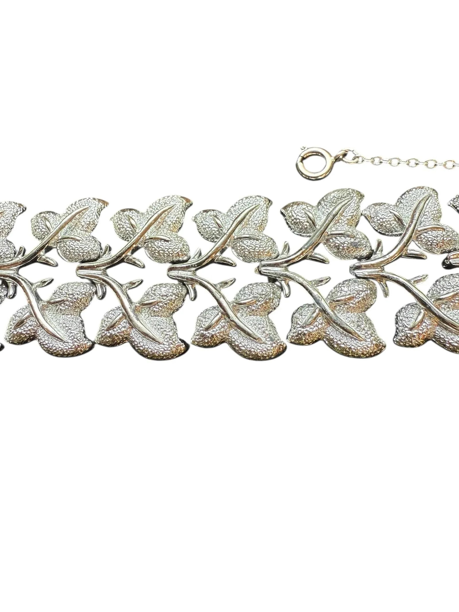 1950s Vintage Coro Silvertone Textured Leaf Link Wide Bracelet - 5