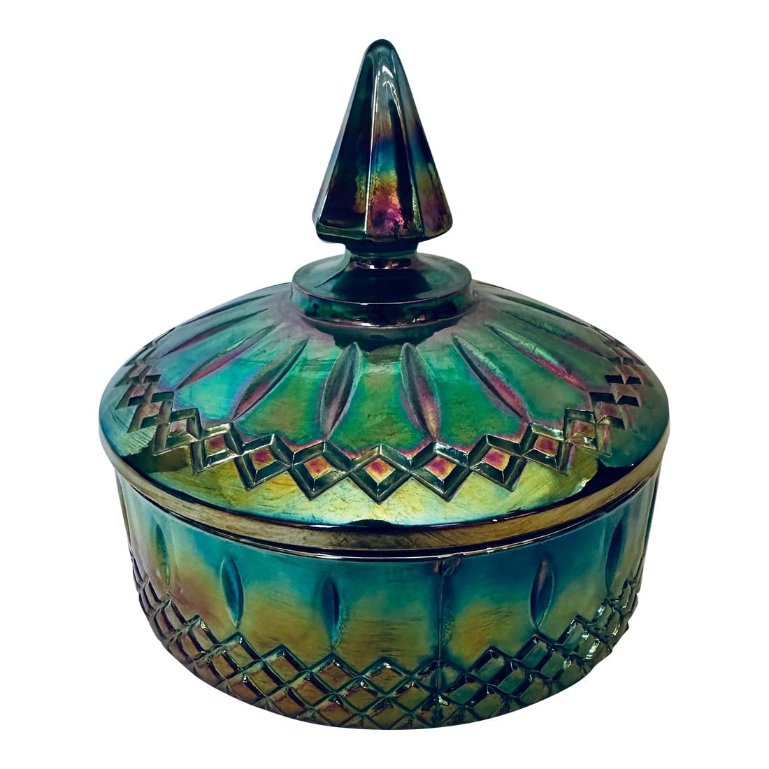 Vintage Indiana Glass "Princess Blue" Carnival Candy Dish: Vintage Indiana Glass "Princess Blue" Carnival Glass Candy Dish, Irredesant blue with lid. Perfect for the Holiday candy, mints etc. 6in x 6in 2.25in h w/o lid Make sure to follow me, I have flash