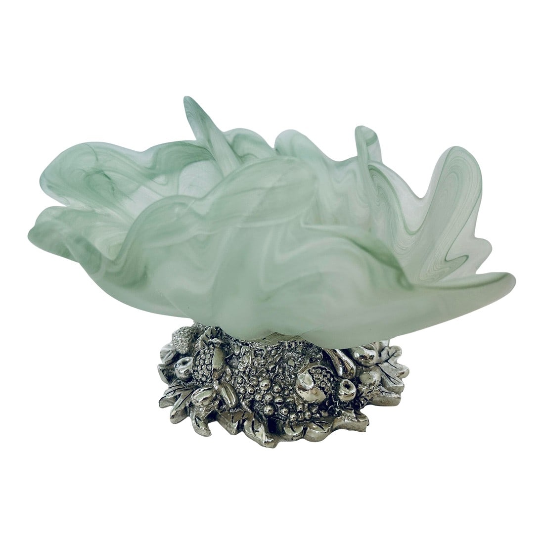 Vetro Eseguito Murano Glass Frosted Green Trinket Dish: Vetro Eseguito Murano Glass Trinket Dish with silver fruit appliqué at bottom. Frosted green swirled color dish perfect as a catchall. Bottom silver part is a plastic material 6.5in w x 4.25in