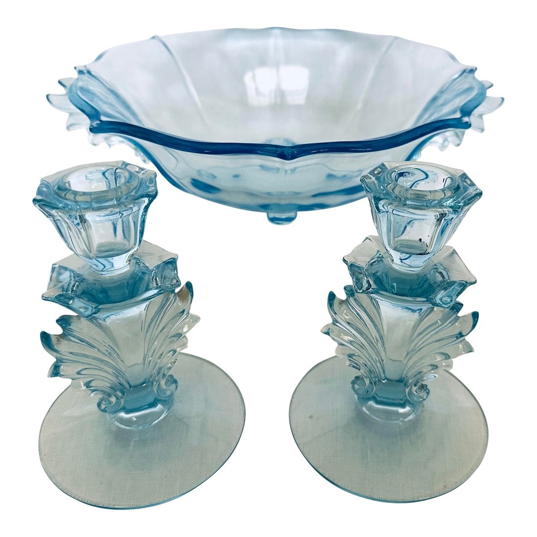 Fostoria "Baroque Blue" Bowl W/Matching Candle Holders-Set of 3 (1 of 9)