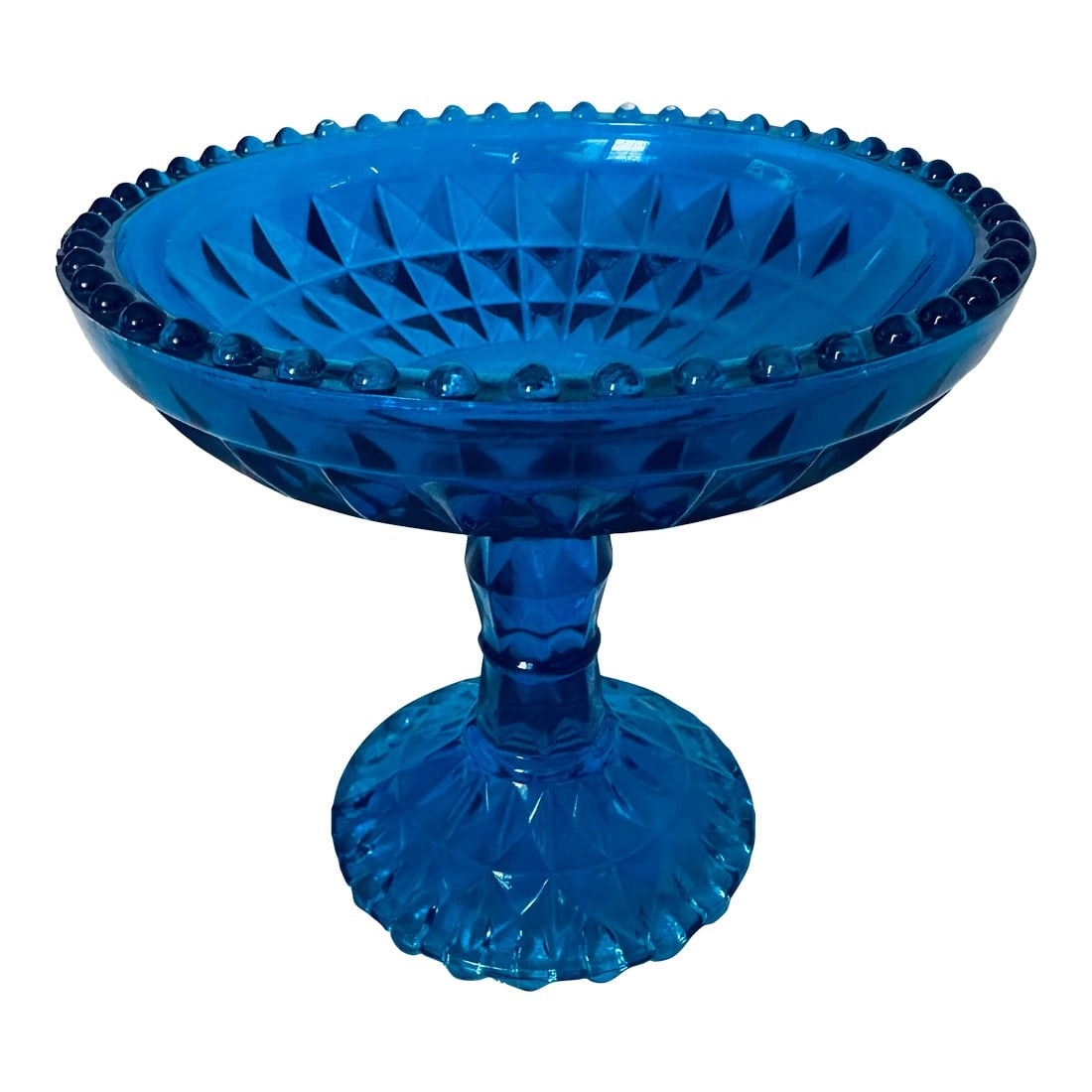 Vintage Fenton Diamond Glass Blue Candy Dish: Vintage Fenton Diamond Glass Aqua Blue Candy Dish with a pedestal base, ideal for candy, small ornaments or catchall. 5.5in h x 6in w x 3.5in base Make sure to follow me, I have flash sales for my