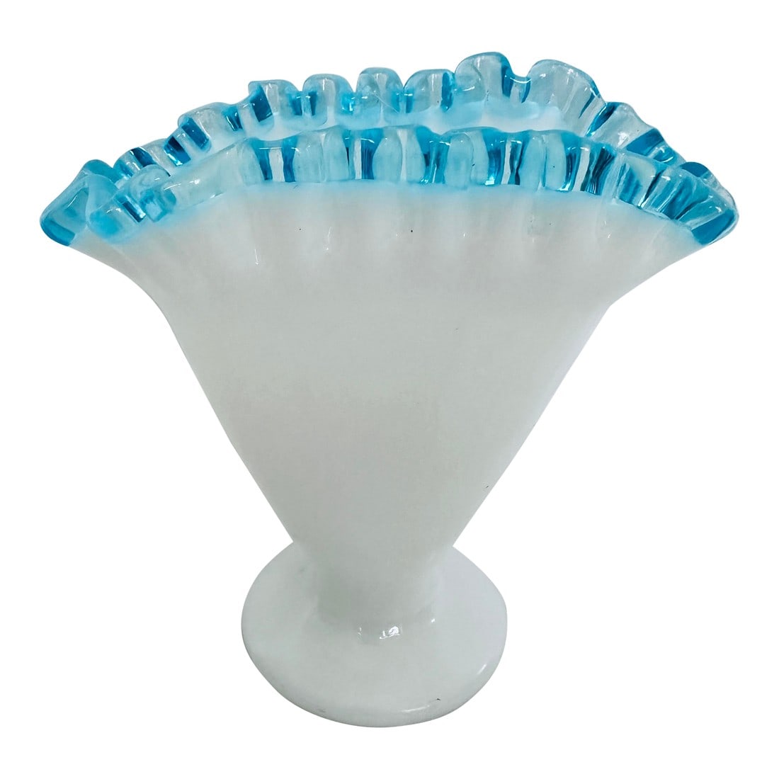 Fenton Aqua Crest Fan Vase: Fenton Aqua Crest Fan Vase, white milk glass with blue ruffle trim. Bud vase Super cute perfect for any side table. 4.5in h x 4in w Make sure to follow me, I have flash sales for my followers only