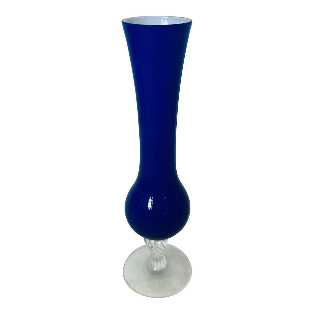 Cobalt Blue Glass Bud Vase W/Clear Swirl Stem: Cobalt Blue Glass Vase w/Clear Swirl Stem. Perfect for 1 flower set on a nite stand or kitchen window. 8in h x 2.25in w Make sure to follow me, I have flash sales for my followers only F2, 132 