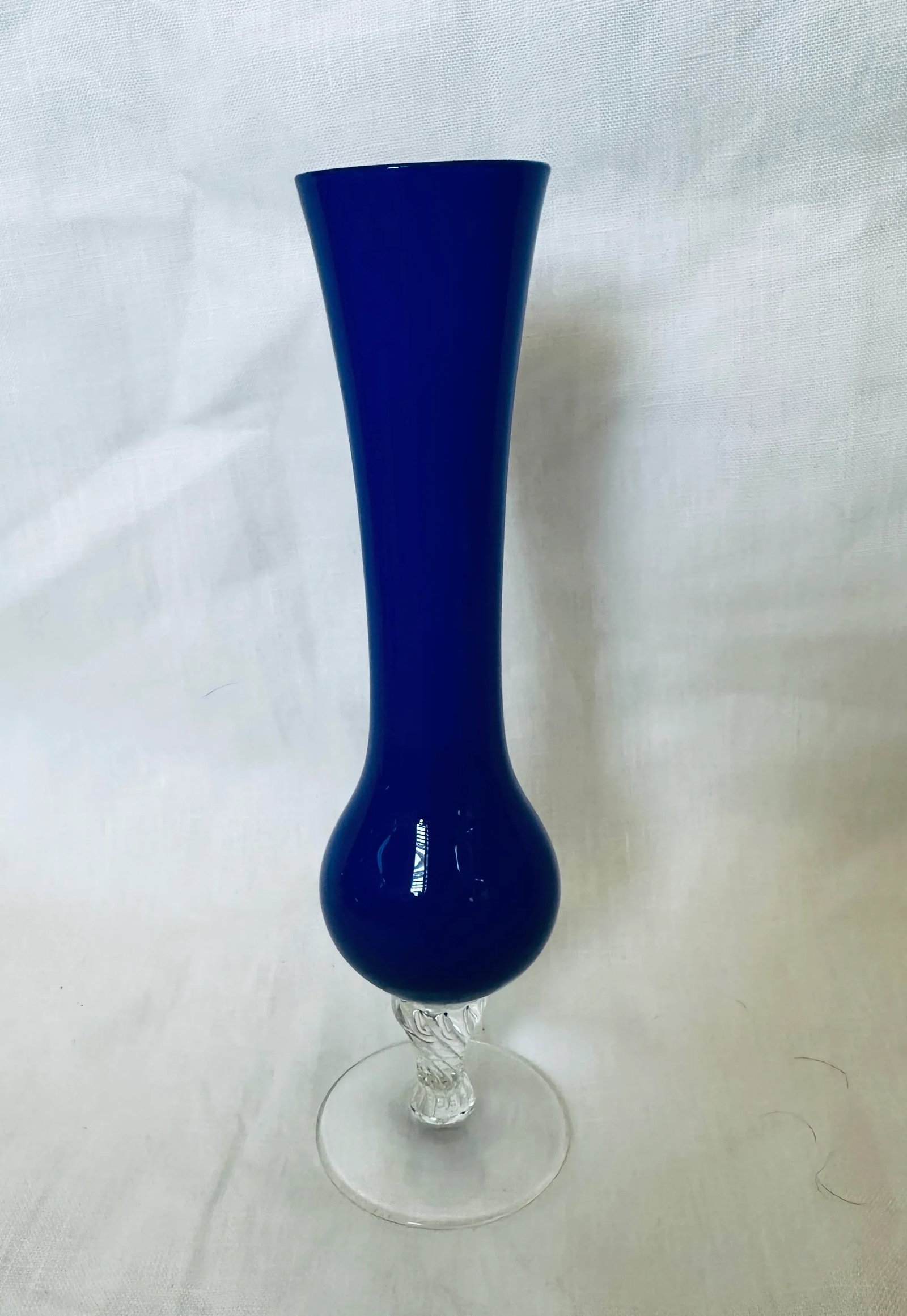 Cobalt Blue Glass Bud Vase W/Clear Swirl Stem - 4