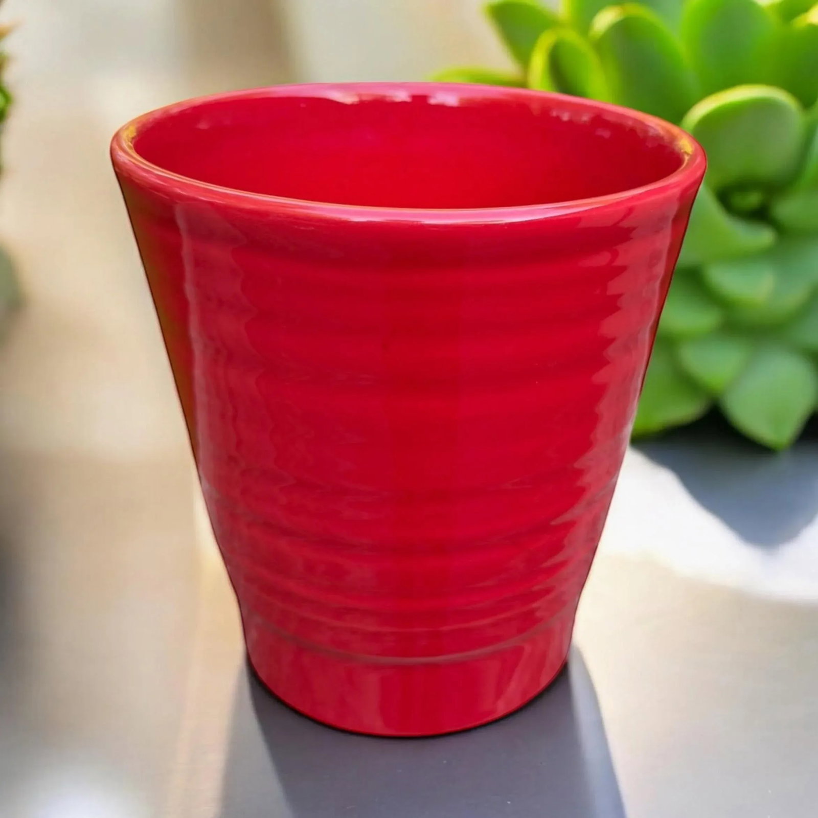 Contemporary Red Ribbed Ceramic Planter, Portugal - 2