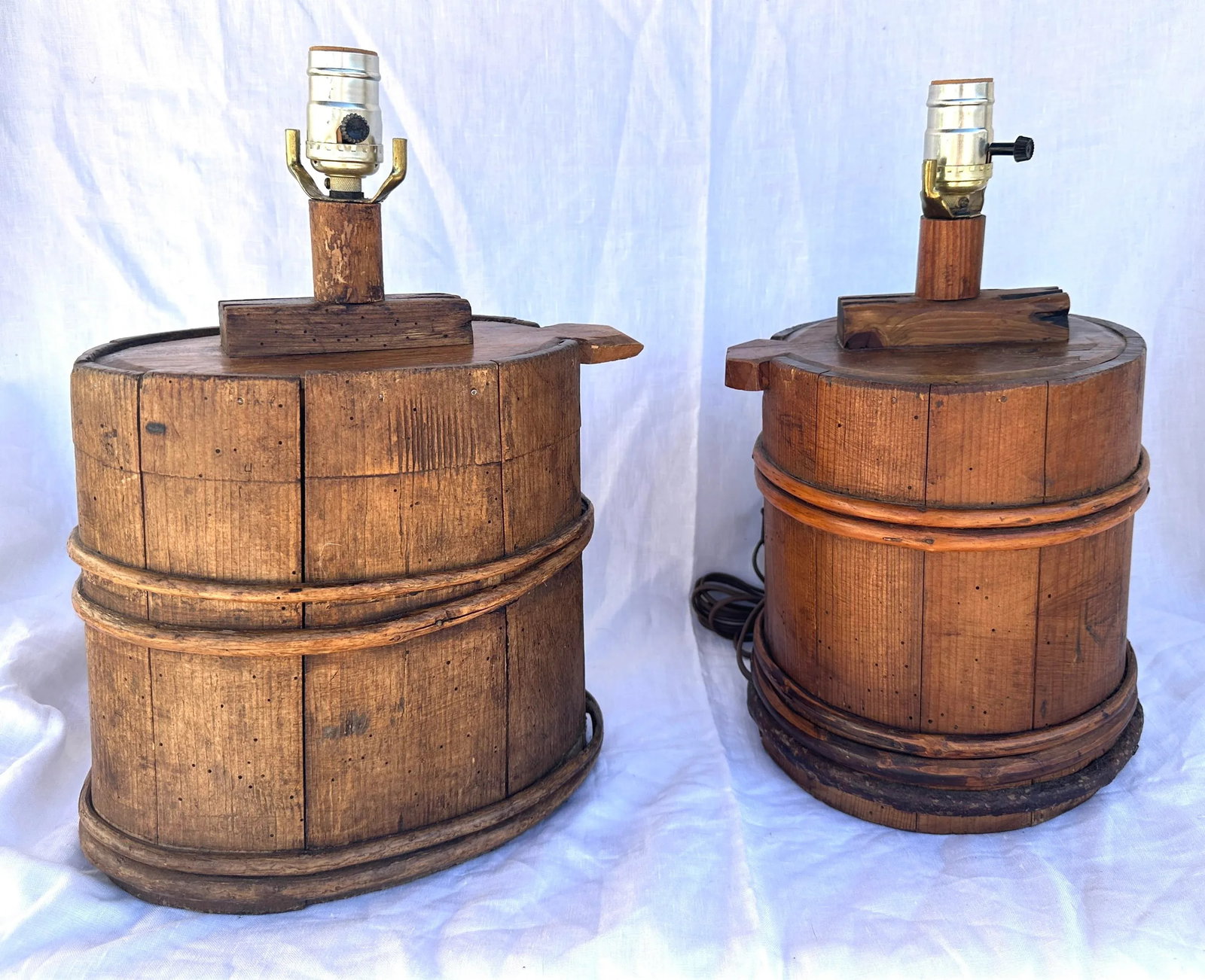 Pair of Antique Japanese Wooden Bucket Table Lamps - 2