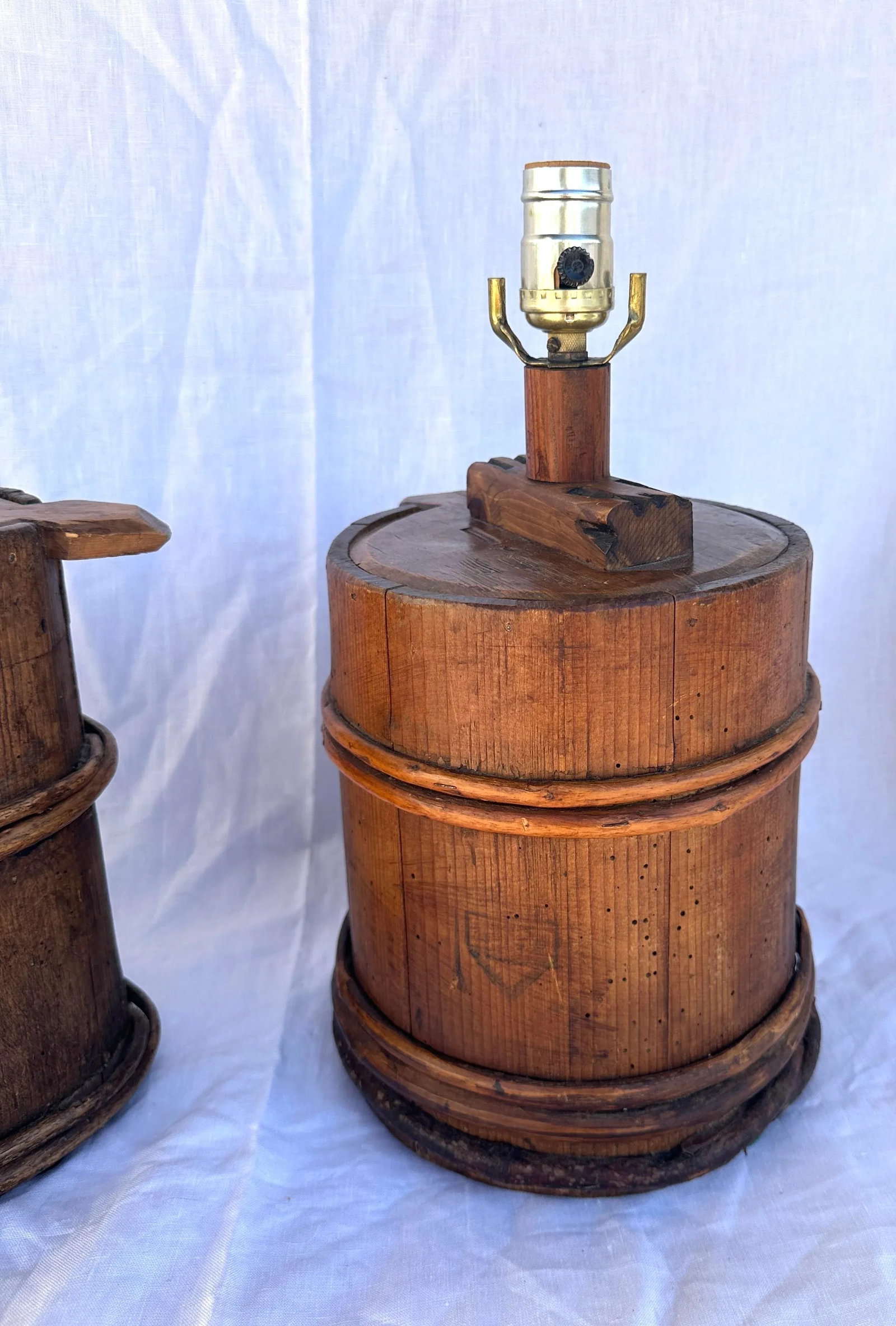 Pair of Antique Japanese Wooden Bucket Table Lamps - 4
