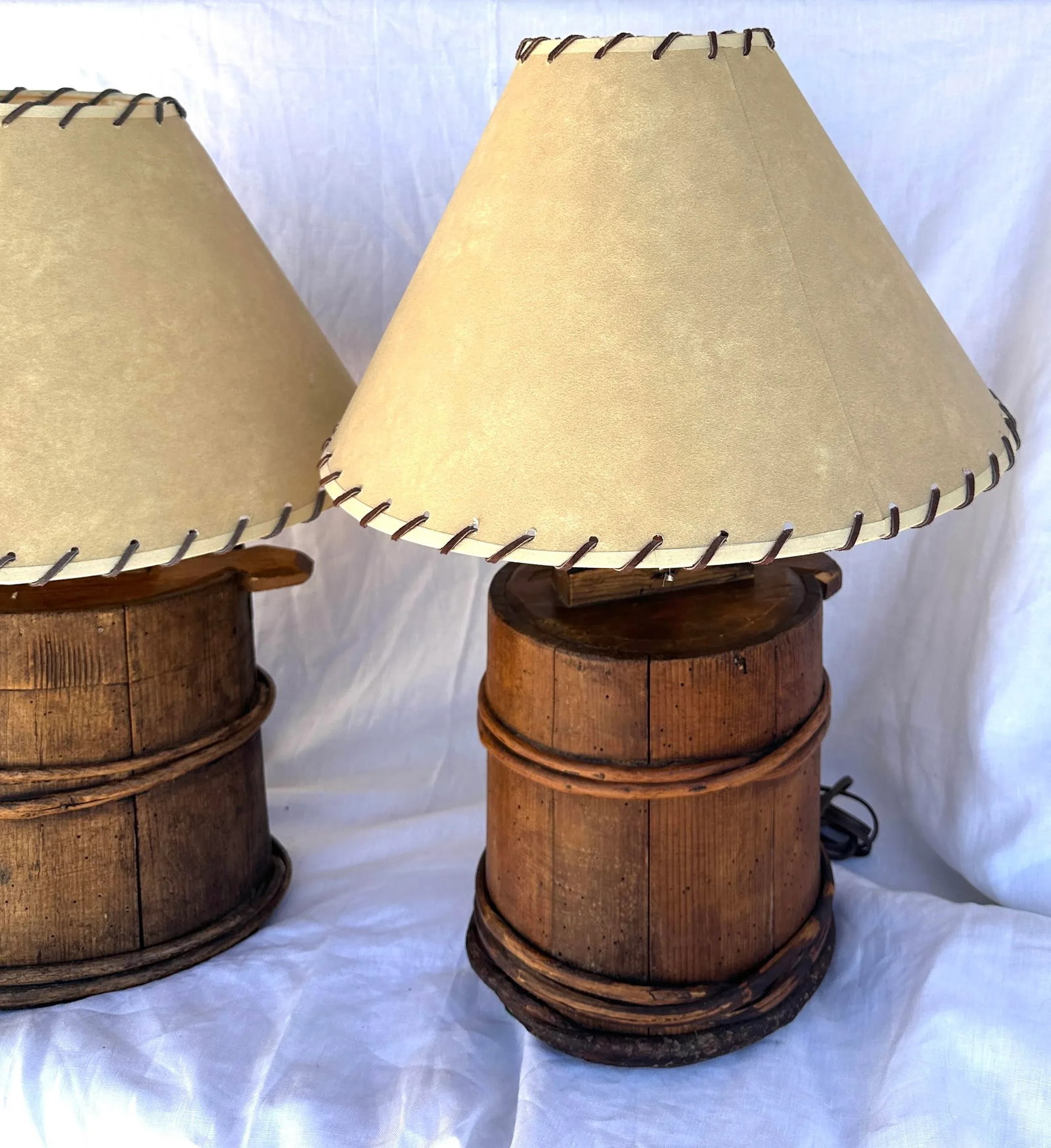 Pair of Antique Japanese Wooden Bucket Table Lamps - 5