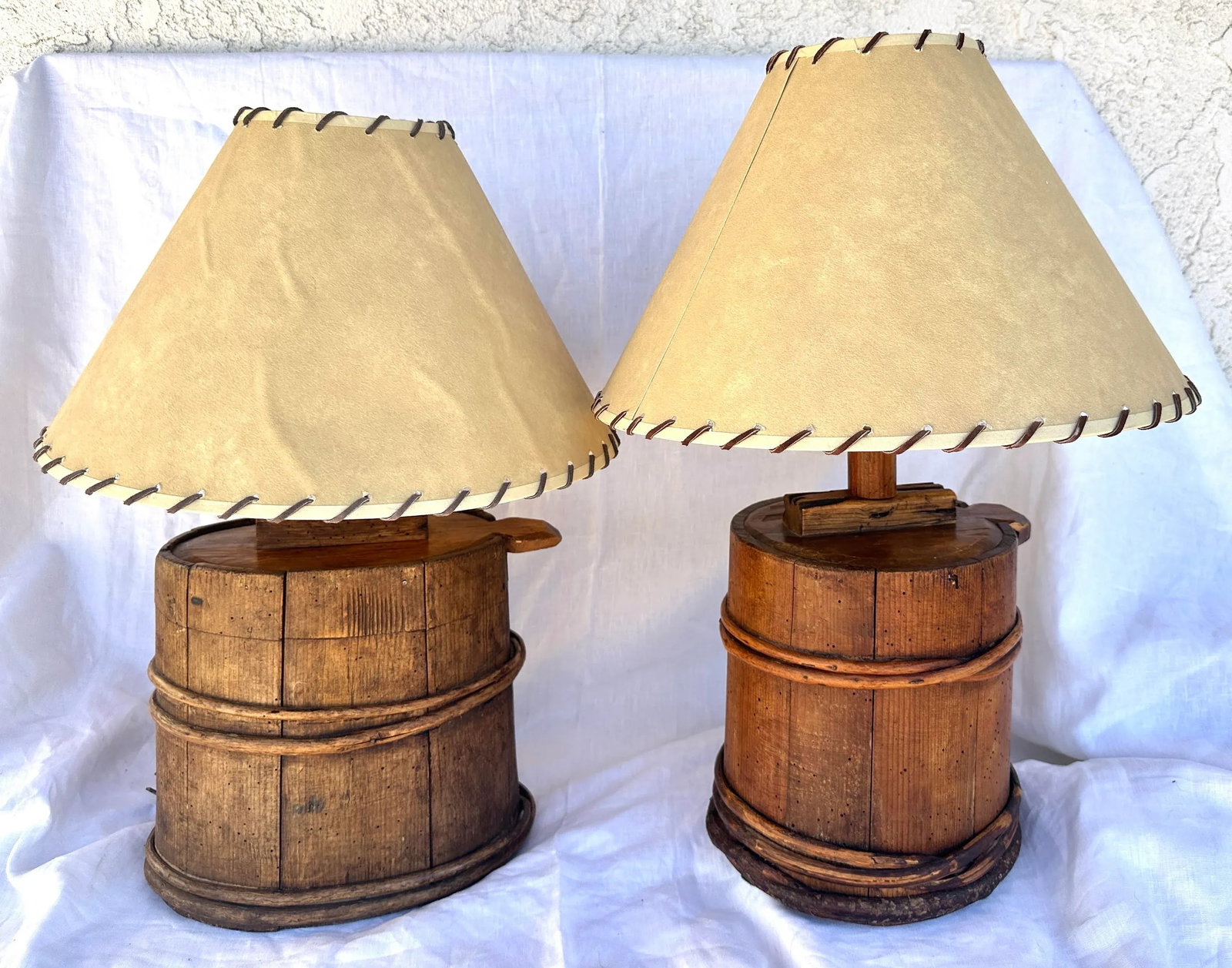 Pair of Antique Japanese Wooden Bucket Table Lamps - 8