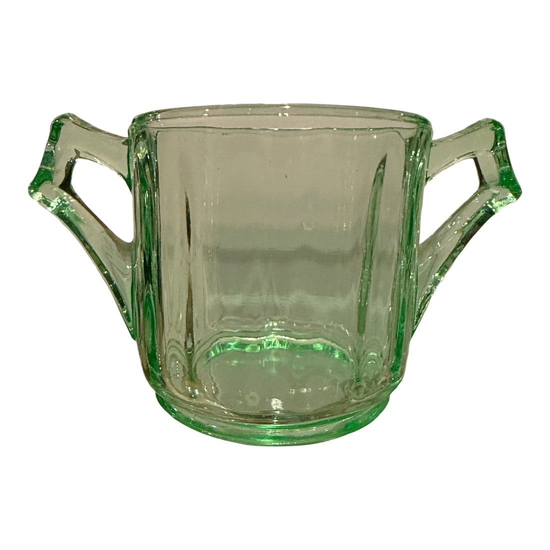 1930s Depression Era Cambridge Glass Green Uranium Sugar Bowl Art Deco: Green uranium sugar bowl with two handles, dating back to the 1930s during the Depression era. Produced by the Cambridge Glass Company. Marked with letter C within triangle-see photo Design: