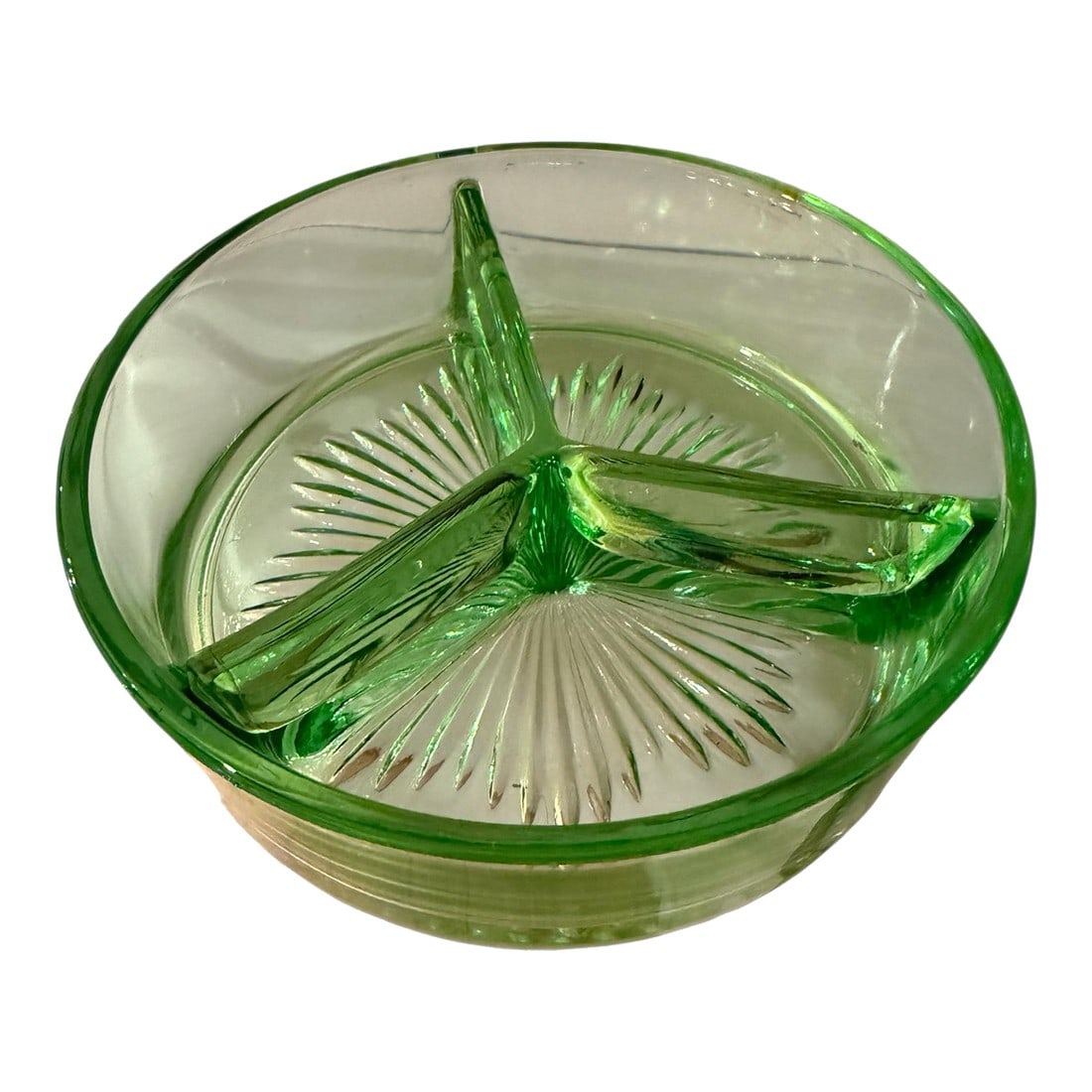 Mid 20th Century Uranium Green Depression Glass Divided Dish Bowl (1 of 7)