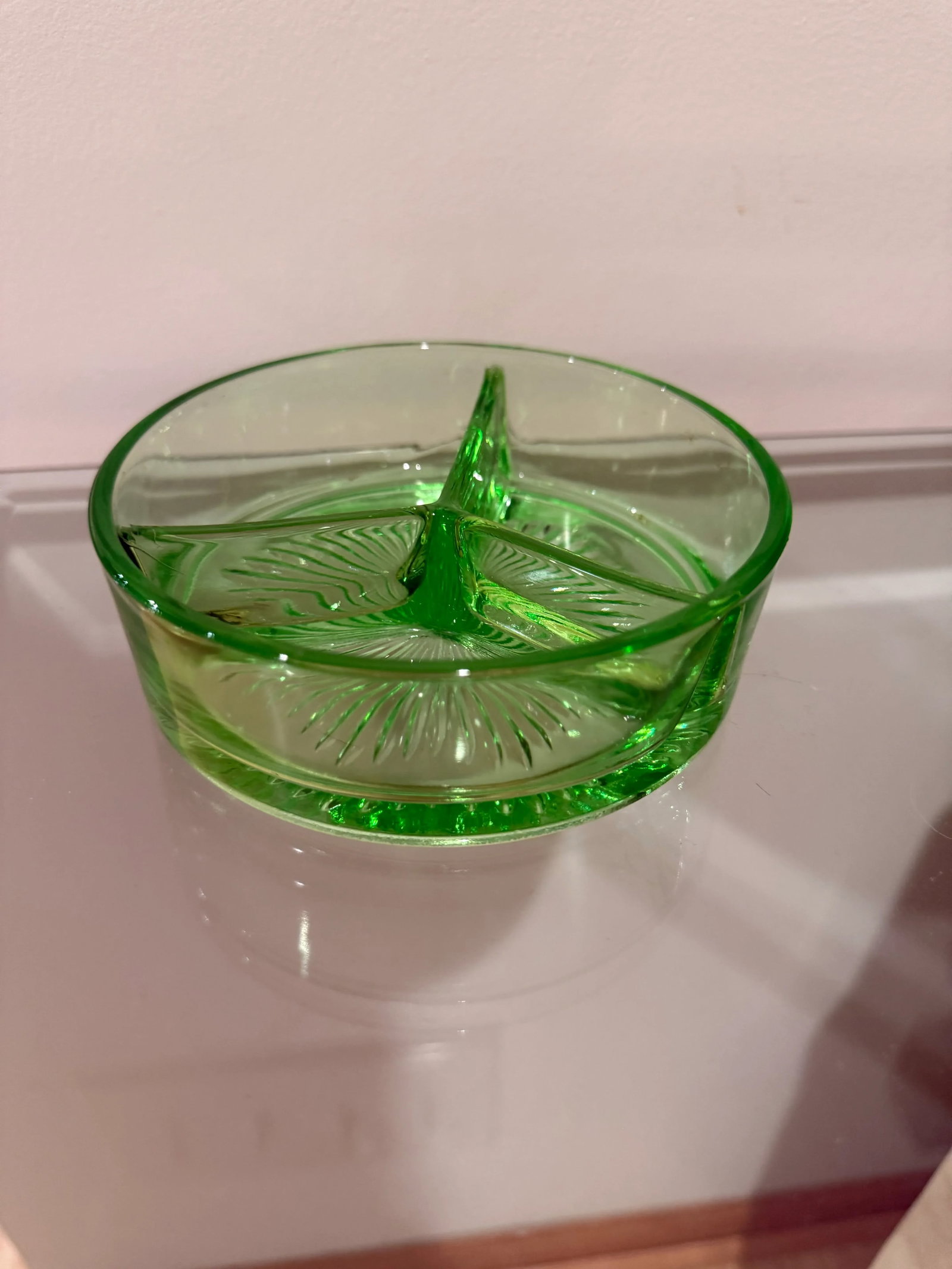 Mid 20th Century Uranium Green Depression Glass Divided Dish Bowl - 6