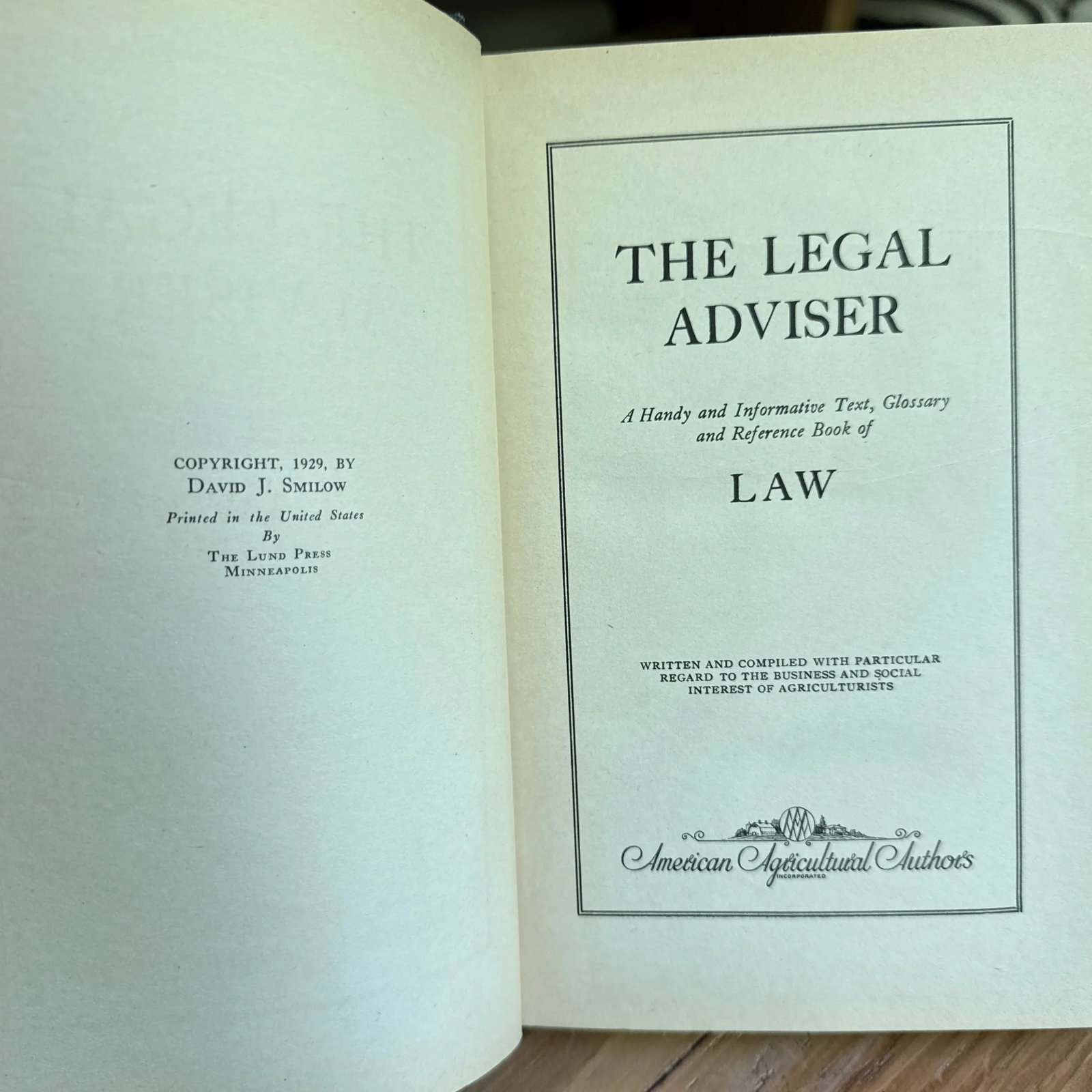 1929 First Edition Hardcover Book " the Legal Adviser," by David J. Smilow Agriculture Law - 4