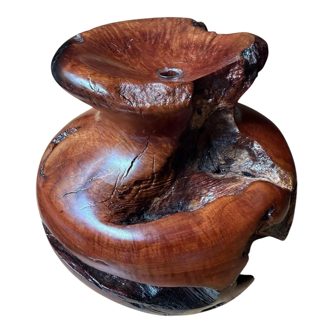 Vintage Burlwood Brutalist Hand Turned Sculpture Art Vase: An oddity of nature in the hands of an extremely skilled artisan has resulted in this unique piece of vintage art. Created from a large tree burl, the piece is an organic example of the beauty of wood