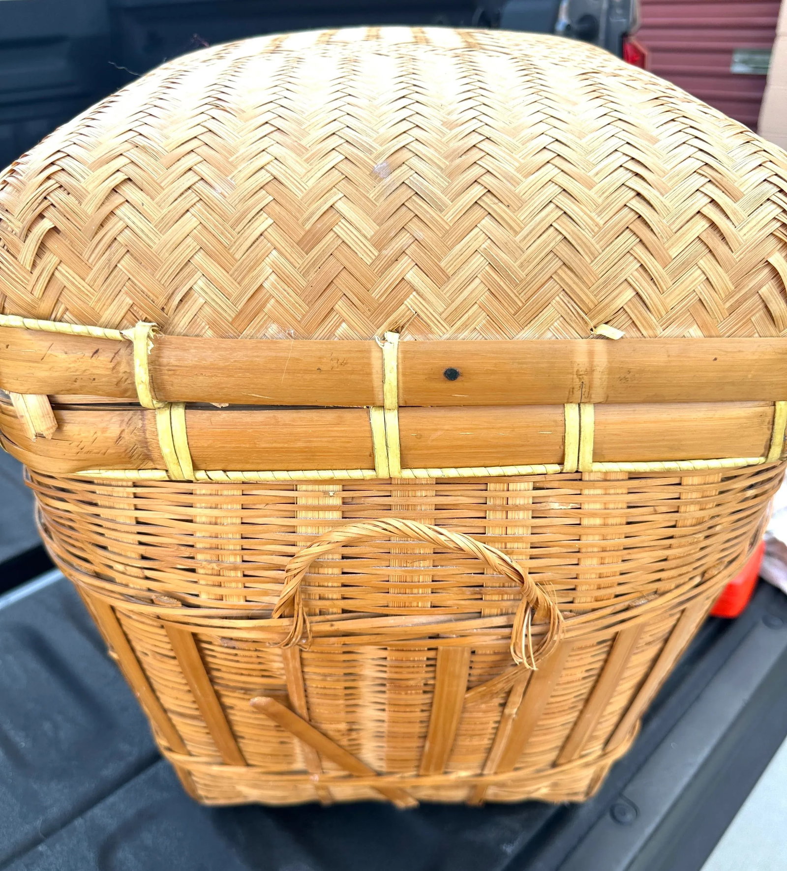 Vintage Chinese Split Bamboo Herringbone Weave Storage Trunk/Basket - 3