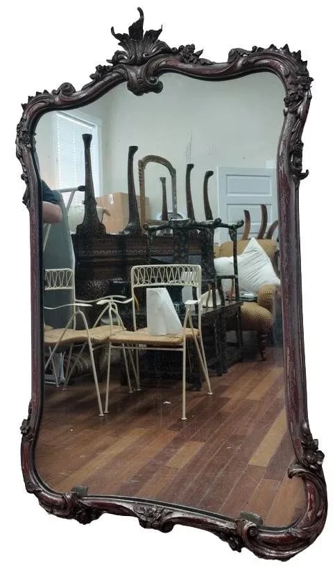 Antique Rococo Revival Mirror With Distressed Red & Silver Finish, Circa 1880 - 2