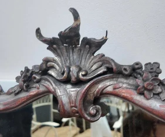 Antique Rococo Revival Mirror With Distressed Red & Silver Finish, Circa 1880 - 3