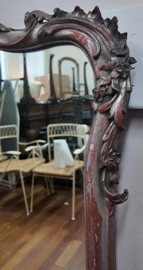 Antique Rococo Revival Mirror With Distressed Red & Silver Finish, Circa 1880 - 4
