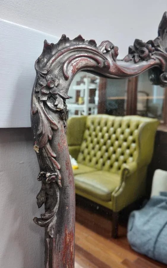 Antique Rococo Revival Mirror With Distressed Red & Silver Finish, Circa 1880 - 7