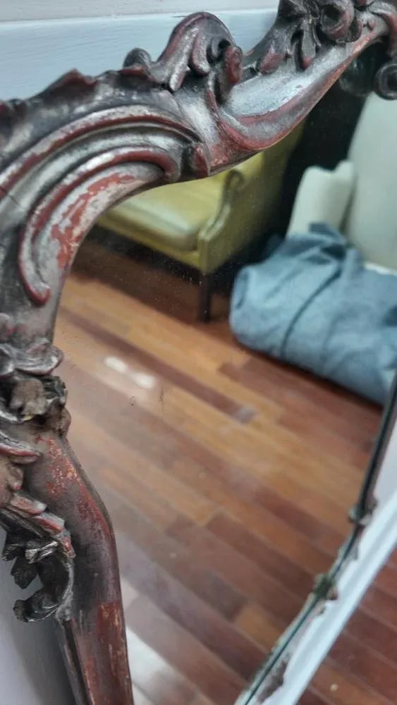 Antique Rococo Revival Mirror With Distressed Red & Silver Finish, Circa 1880 - 8