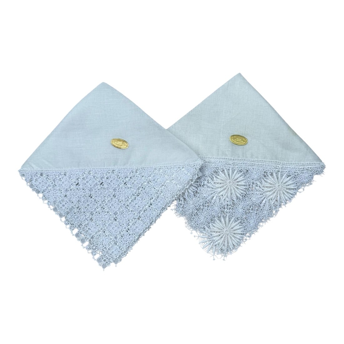 Vintage Austrian Lace and Linen Handkerchief-a Pair: Offering a pair of exquisite finely cotton embroidered lace on linen vintage handkerchiefs Made in Austria. Original labels "˜new and unused'. Mid-20th century. All of my handkerchief