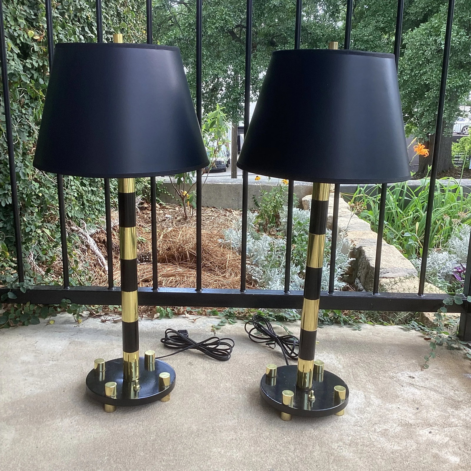 Pair of Italian Mid Century Modern Brass and Black Enameled Brass Table Lamps - 2