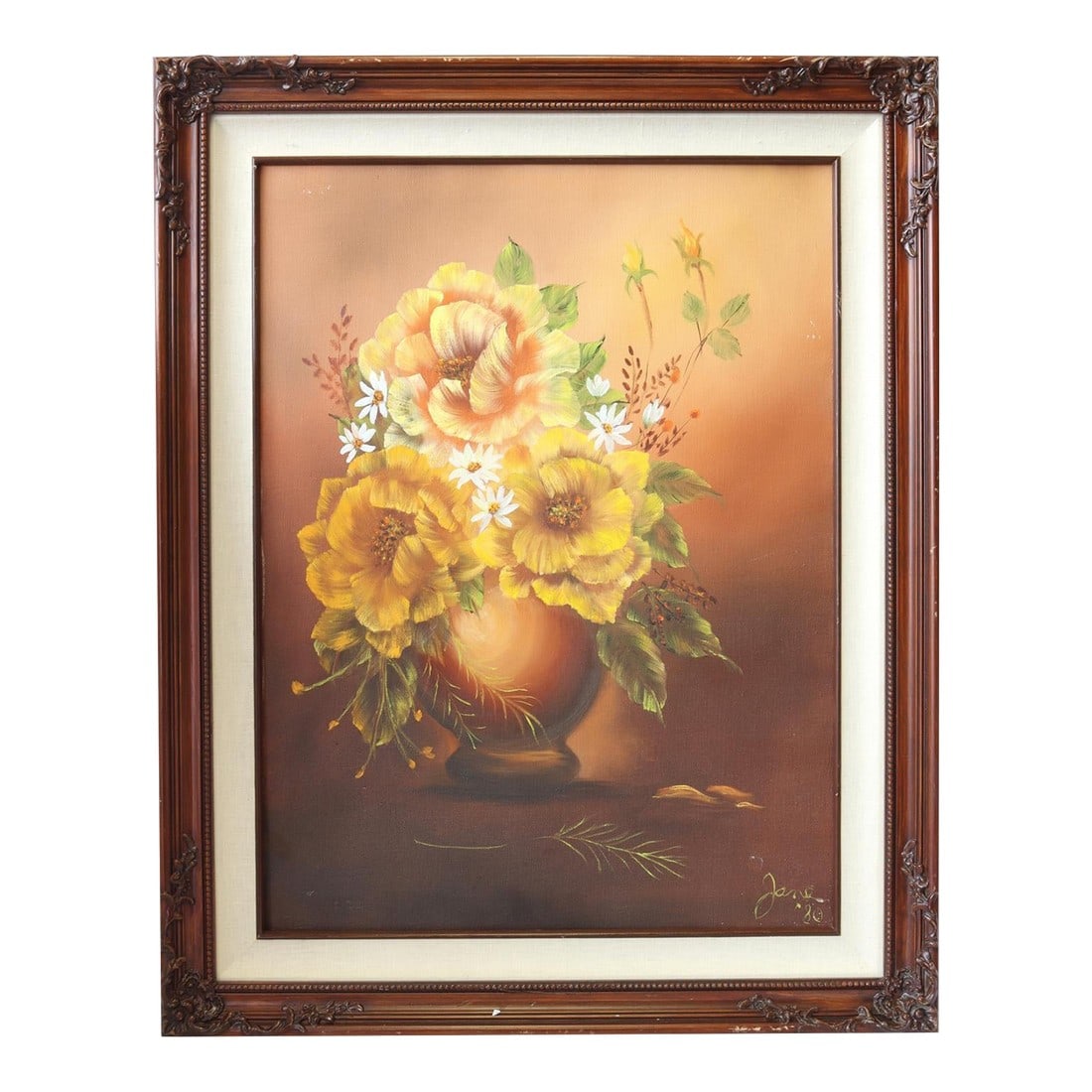 Midcentury Floral Still Life Painting: Elevate your decor with this vintage midcentury still life painting. Featuring a vase of flowers rendered in earthy tones, this framed canvas captures the understated elegance of the era. The artwork