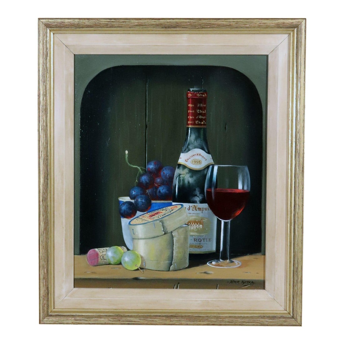 Peter A. Kotka, Stiil Life With Wine & Cheese: Peter A. Kotka Stiil Life with Wine & Cheese, Oil on Linen Panel, Signed lower right. 1995. The Trompe l'oeil still life of a bottle of wine, a half-empty wine glass and a small bunch of grapes in a