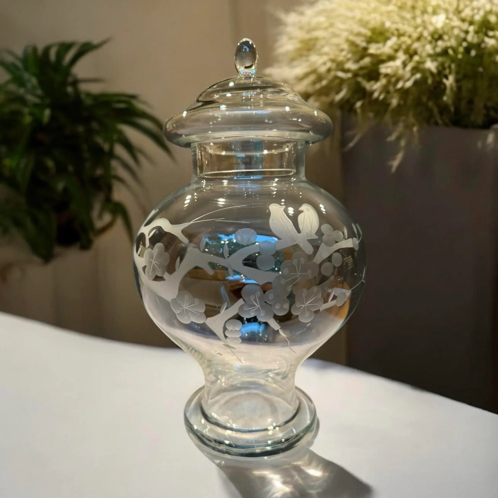 1950s Glass Ginger Jar With Etched Cherry Blossom Birds Motif - 2