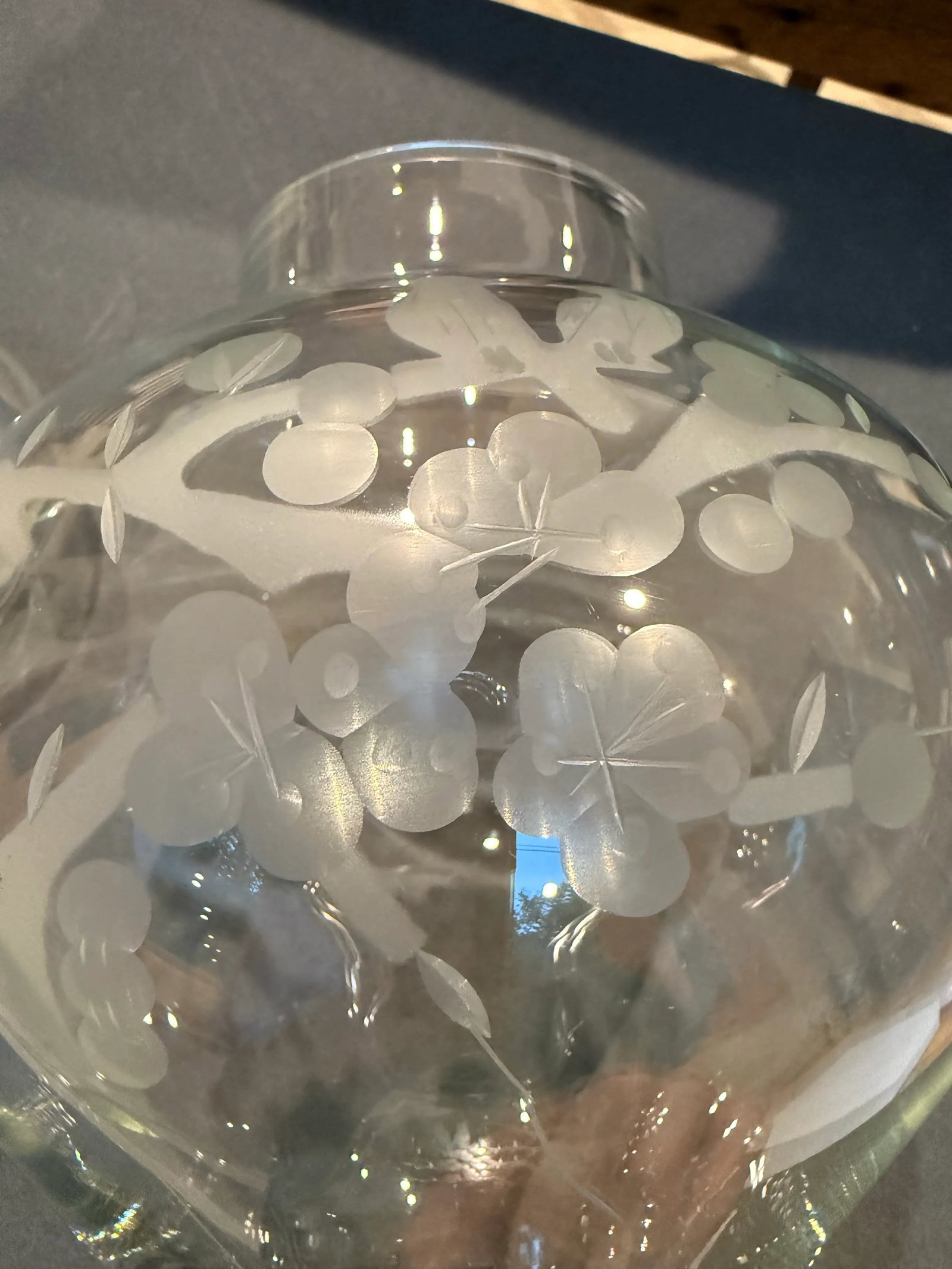 1950s Glass Ginger Jar With Etched Cherry Blossom Birds Motif - 4
